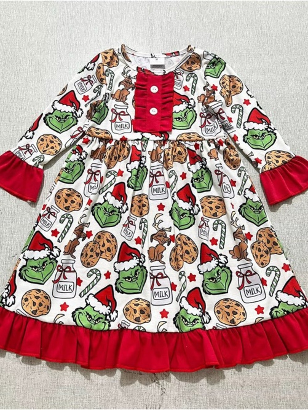 Girls' Holiday Grinch Print Nightgown with Red Ruffle Trim